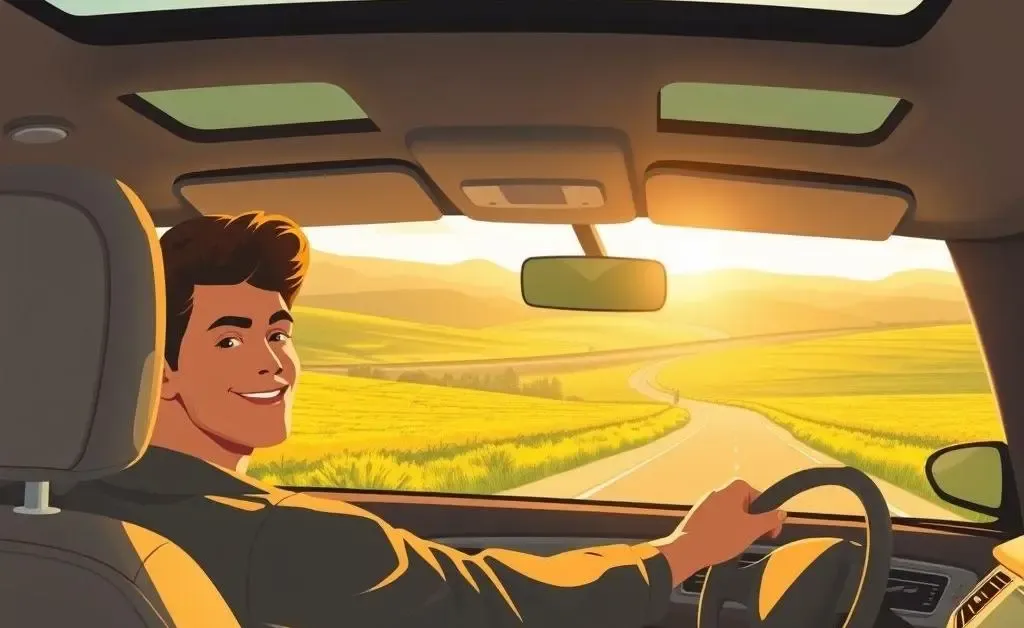 A serene illustration of a person happily driving a car after finding the right insurance.