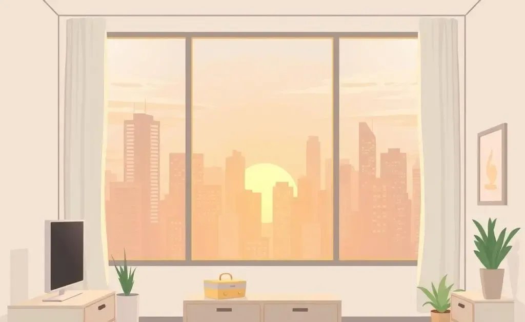 Minimalist cartoon of a calm room with a cityscape view