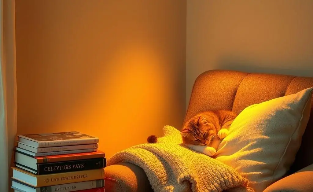 A cozy reading nook with soft lighting, a stack of books, and a cat curled up nearby.