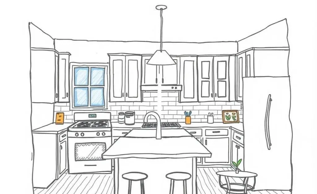 A kitchen with before-and-after makeover scenes