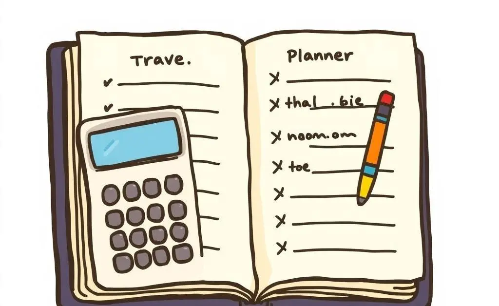 A planner or notebook with travel notes and a calculator.