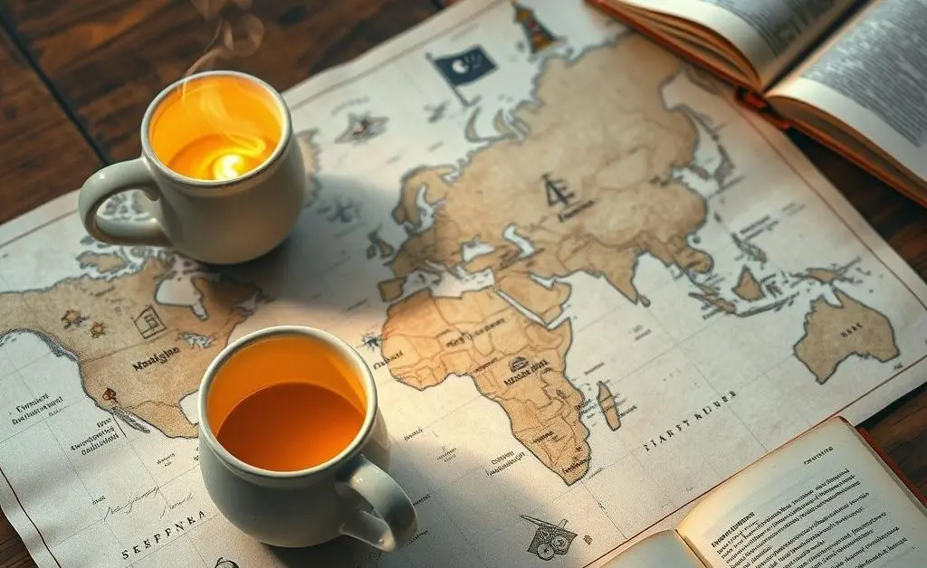 Map and travel items on wooden table