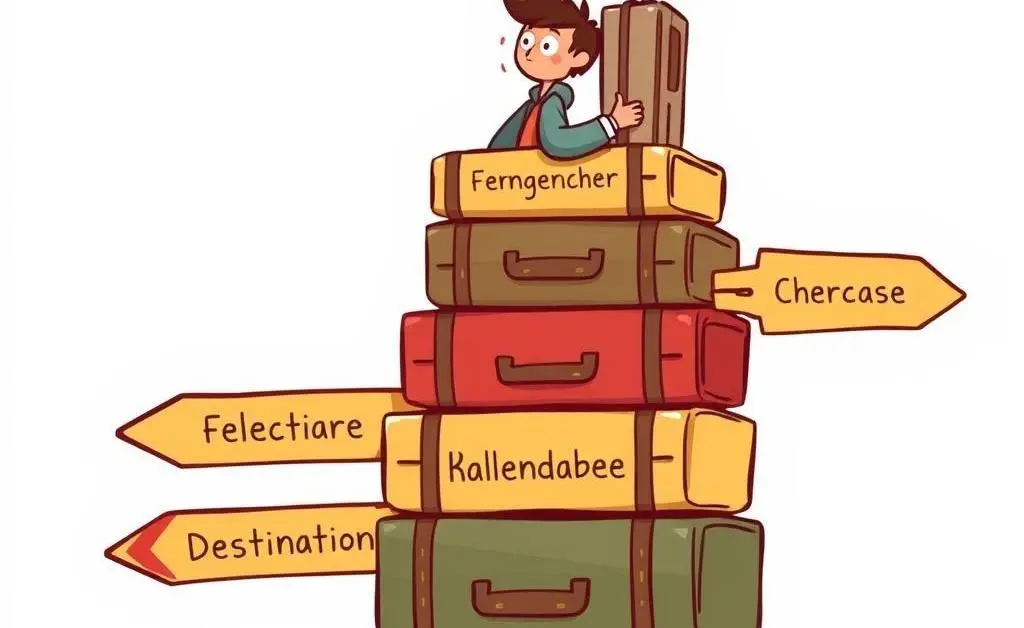 A cartoon scene of a person stacking luggage with destination signs pointing in different directions.