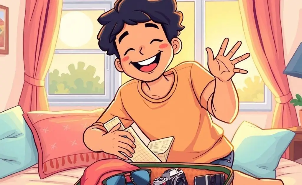 Illustration of a person packing a suitcase with travel essentials and smiling with wanderlust.