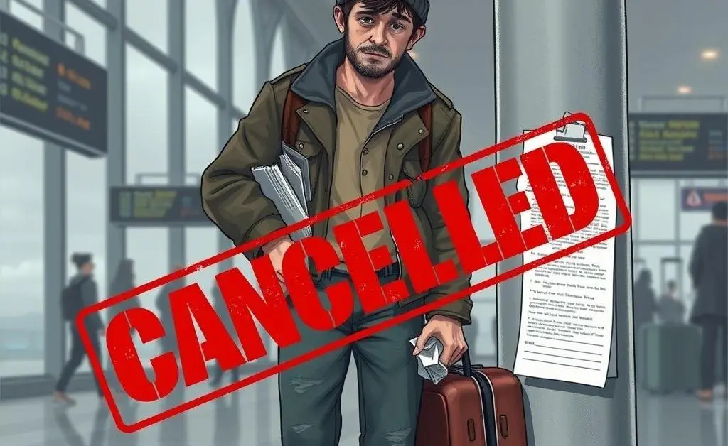 Illustration of a traveler with a broken suitcase and canceled flight notice.
