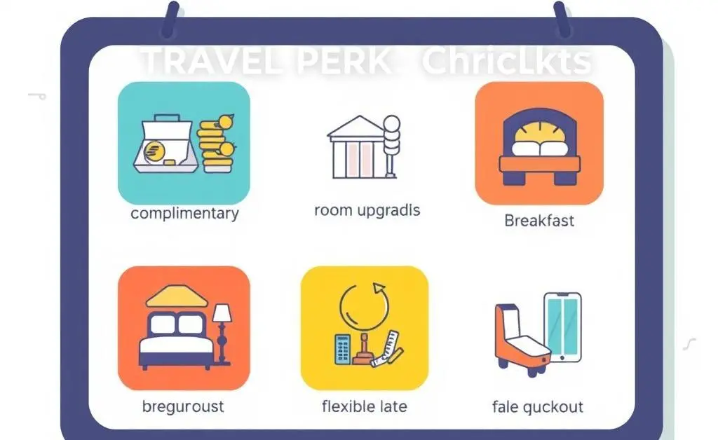 A checklist of travel perks, featuring icons for free breakfast, room upgrades, and late checkout.