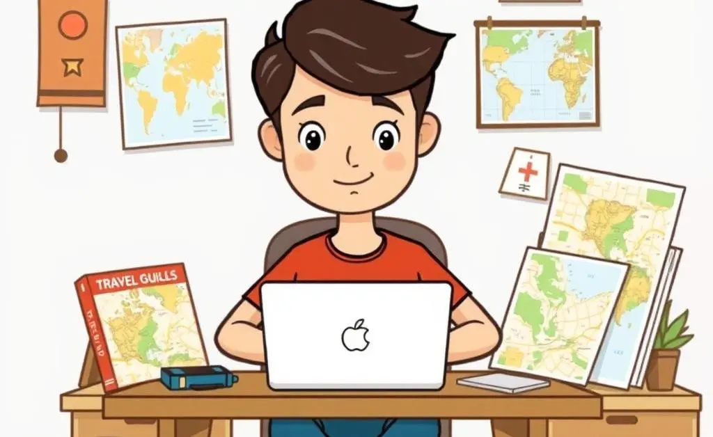 A person planning a trip surrounded by maps and guides