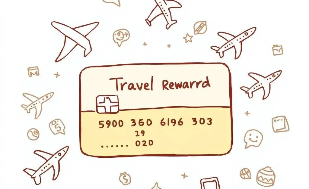 Travel rewards credit card surrounded by airplanes and suitcase icons.