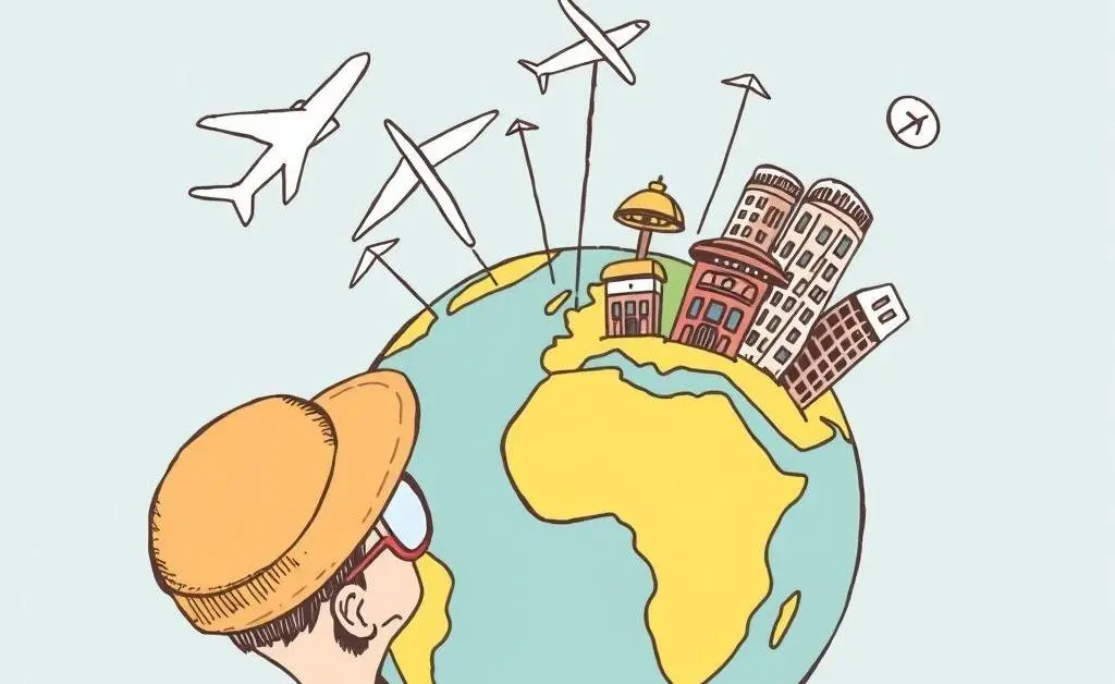 A hand-drawn traveler looking at a globe with flights and hotel symbols popping up.