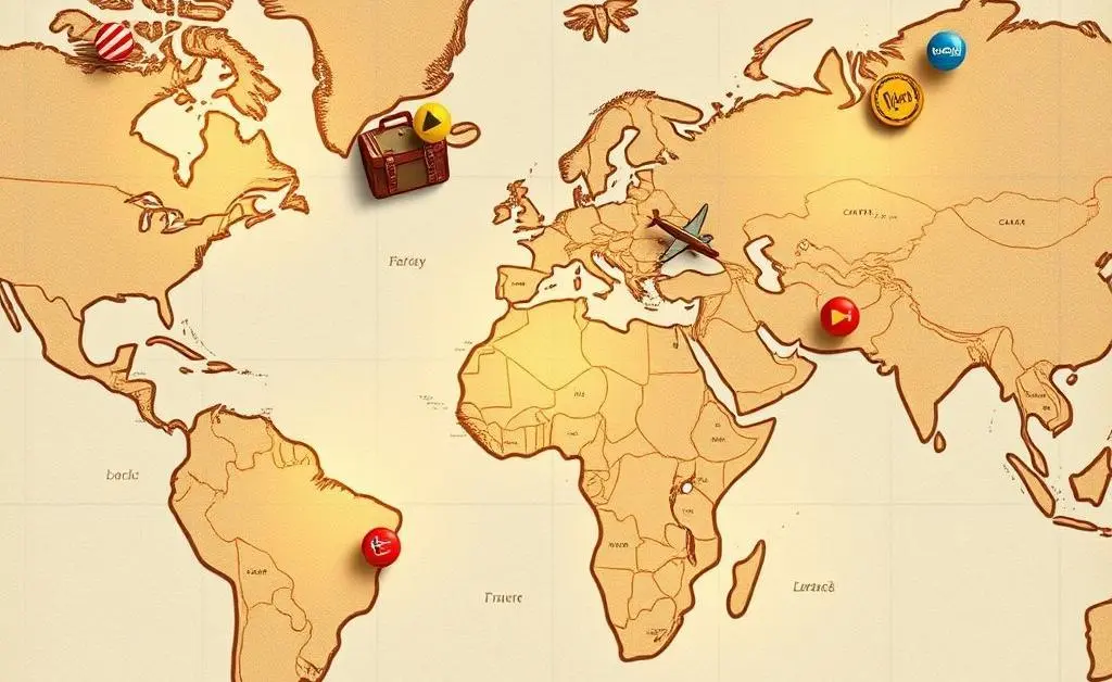 World map with travel reward icons