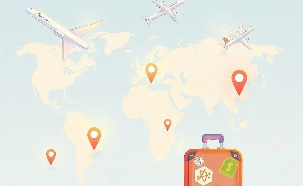 World map with airplane and suitcase icons for travel rewards
