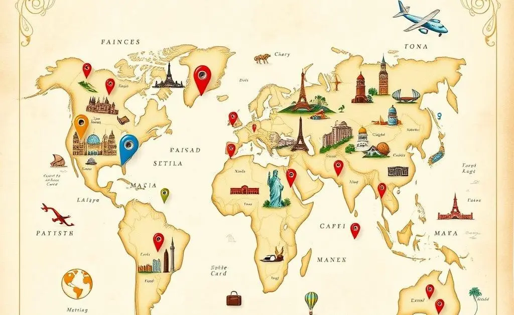 Map with travel destinations from credit card rewards.