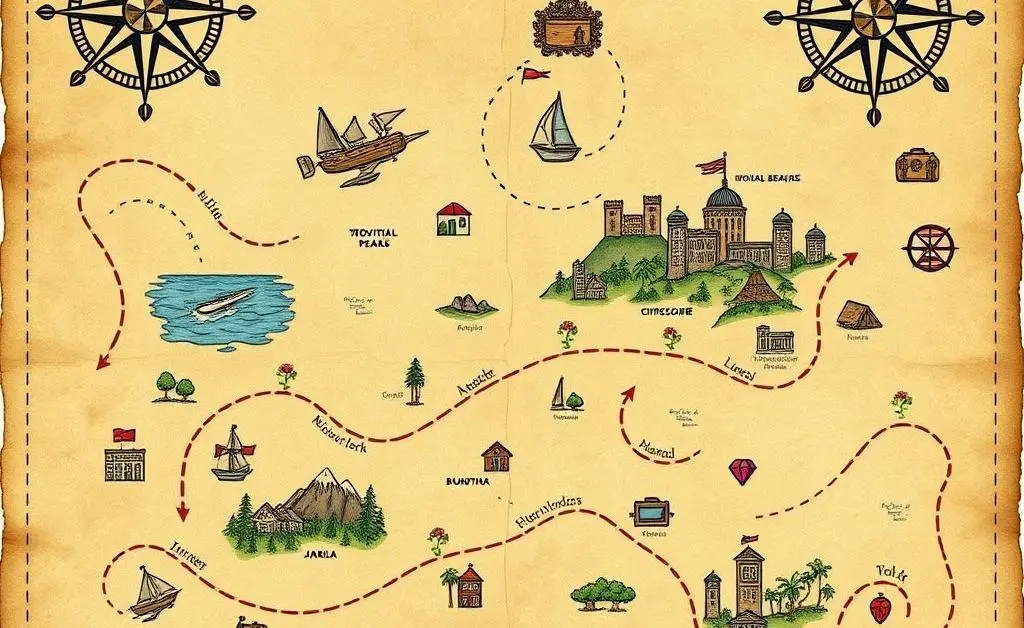 Hand-drawn treasure map depicting destinations with travel rewards icons scattered around.