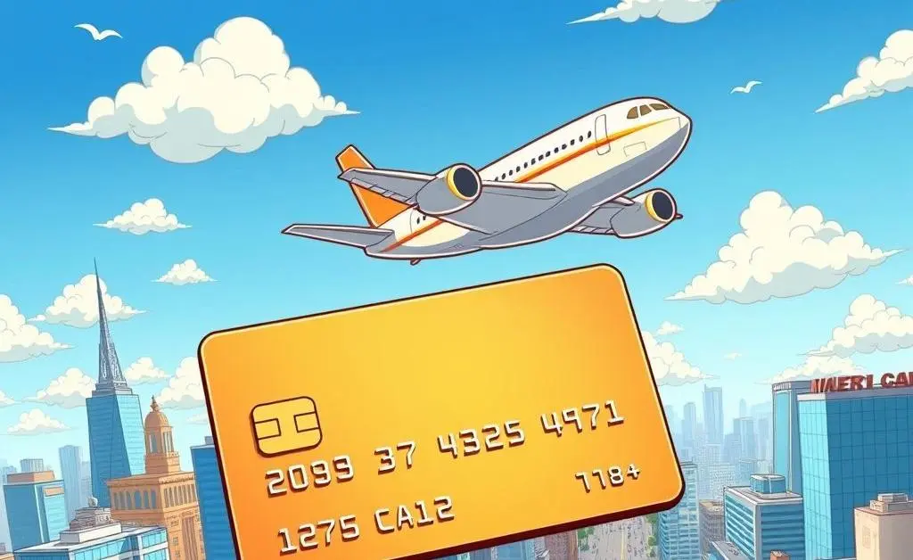 Plane flying over a cityscape with a credit card in the foreground