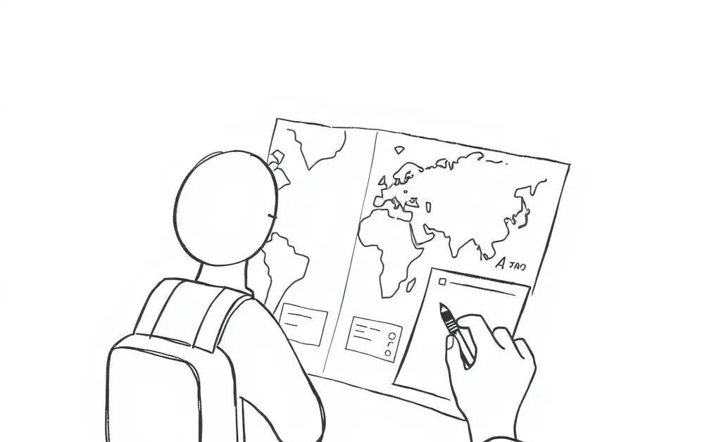 Minimalist drawing of a person planning a travel itinerary using credit card rewards