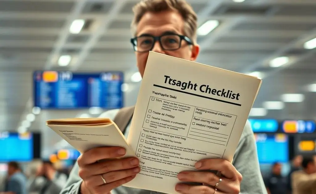 A traveler holding a checklist of tips for dealing with airline bankruptcy