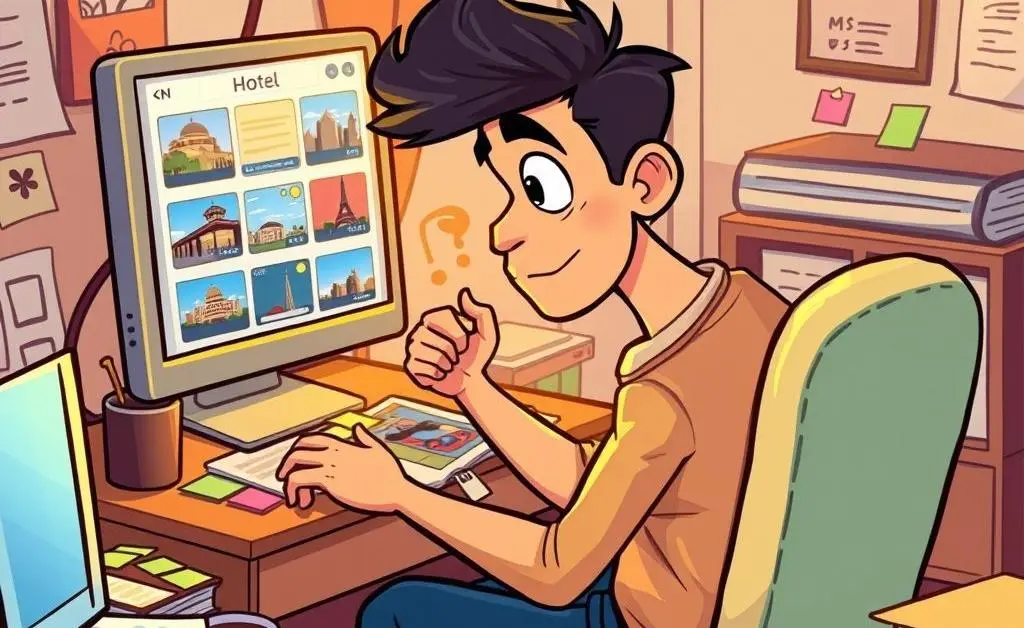 A traveler comparing hotel options at a desk