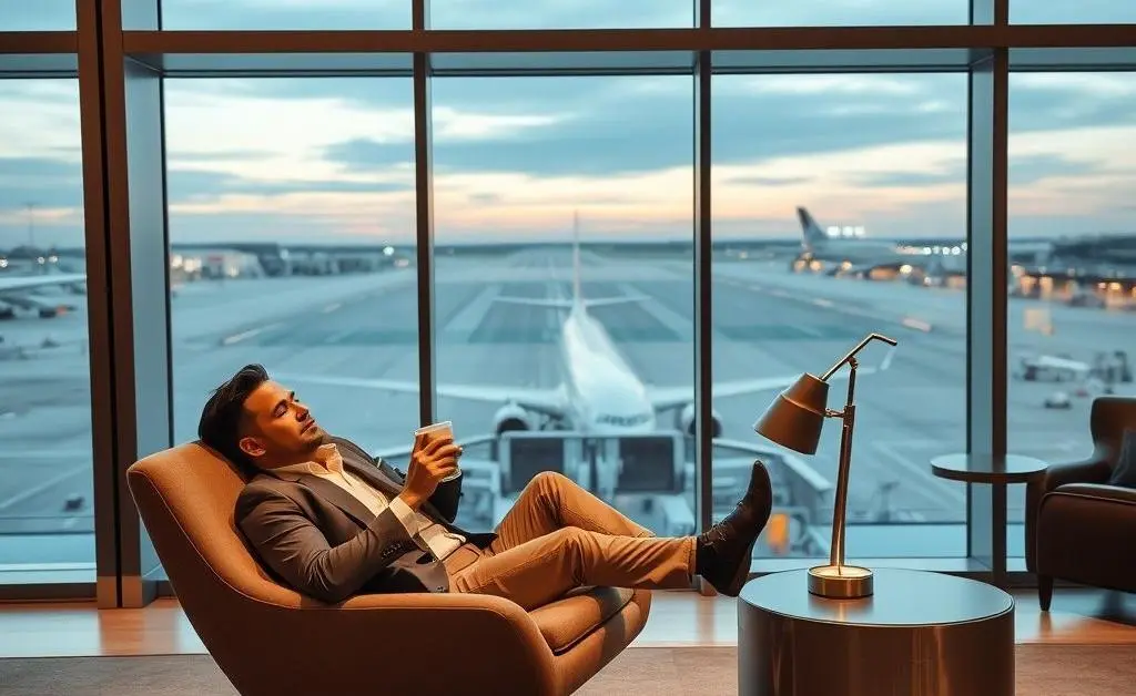 A traveler lounging comfortably in an airport, showcasing luxury and relaxation