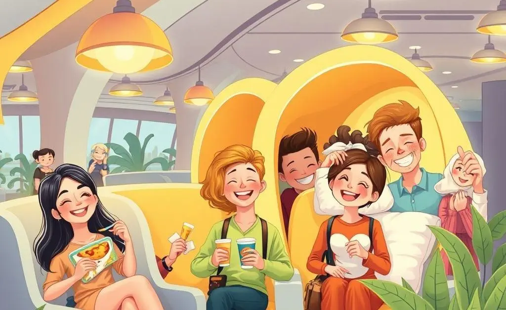 Drawing of travelers enjoying amenities in an airport lounge