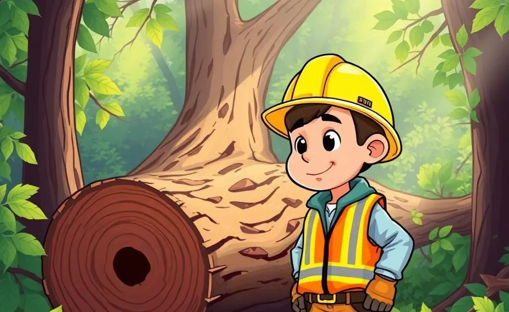 Cartoon showing a person in a hard hat inspecting a fallen tree.