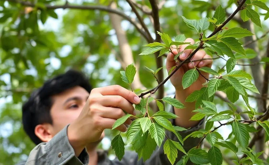 A person carefully inspecting a tree's branches and leaves