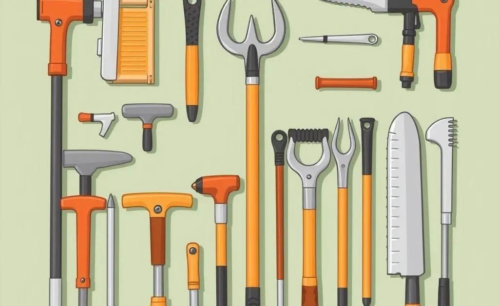 Various tree maintenance tools neatly arranged, with cartoonish precision
