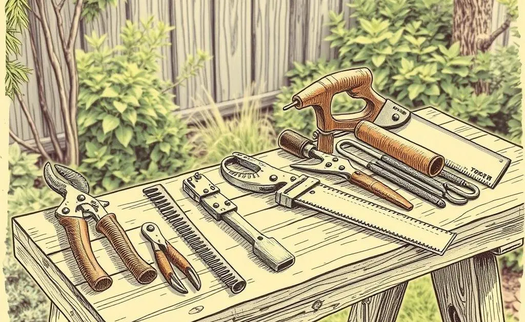 Tools for tree pruning neatly arranged on a workbench