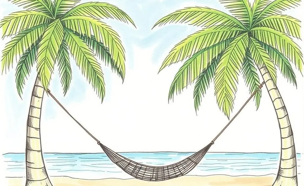 A tropical beach with a hammock between palm trees.