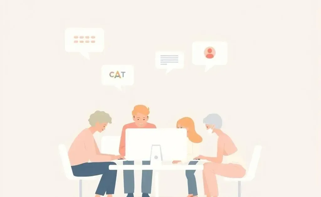 A group using a computer with speech bubbles symbolizing online conversation