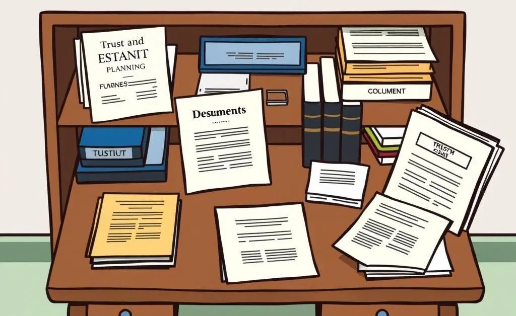Desk with trust and estate planning documents