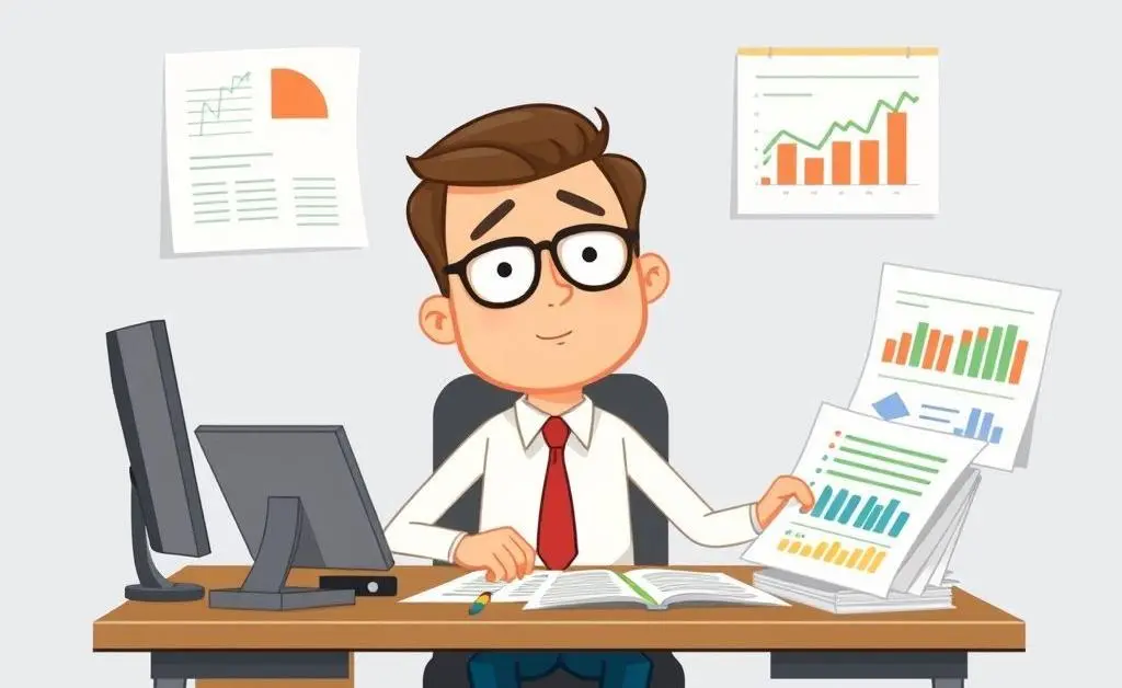 Economic analyst at a desk with reports and charts