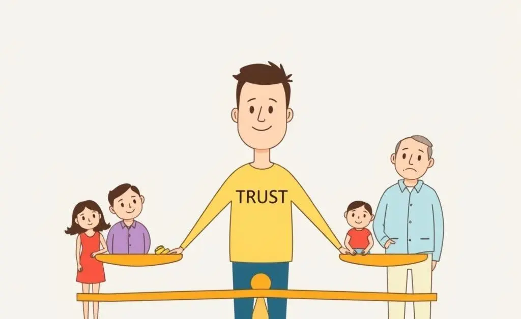 Illustration of an individual managing a trust with a scale and family