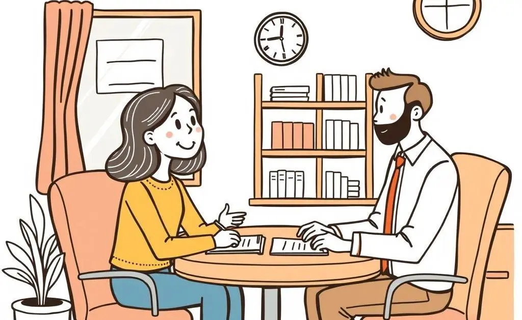 A friendly hand-drawn style of a person meeting a trustworthy financial advisor at a cozy office.