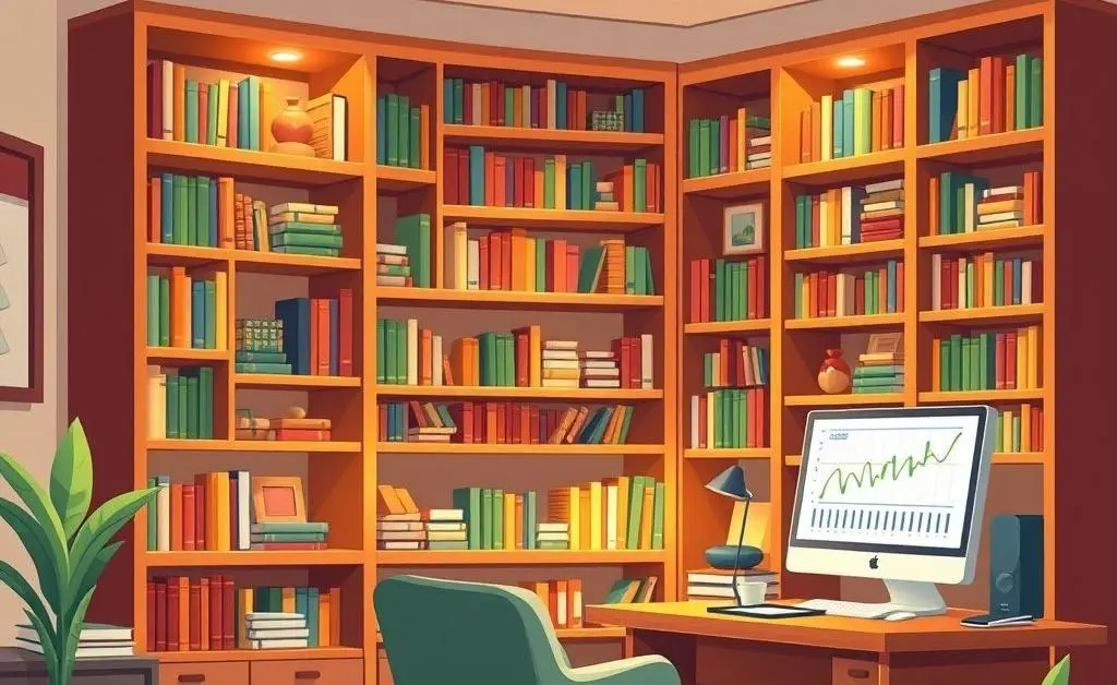 A financial advisor's welcoming office with books and warm colors.