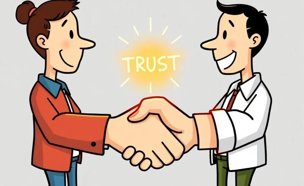 Cartoon of people shaking hands with a trust symbol