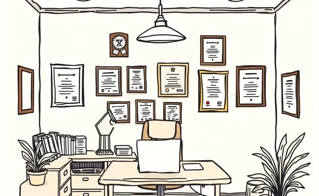 A hand-drawn image of a cozy broker's office space with awards and certificates on the wall