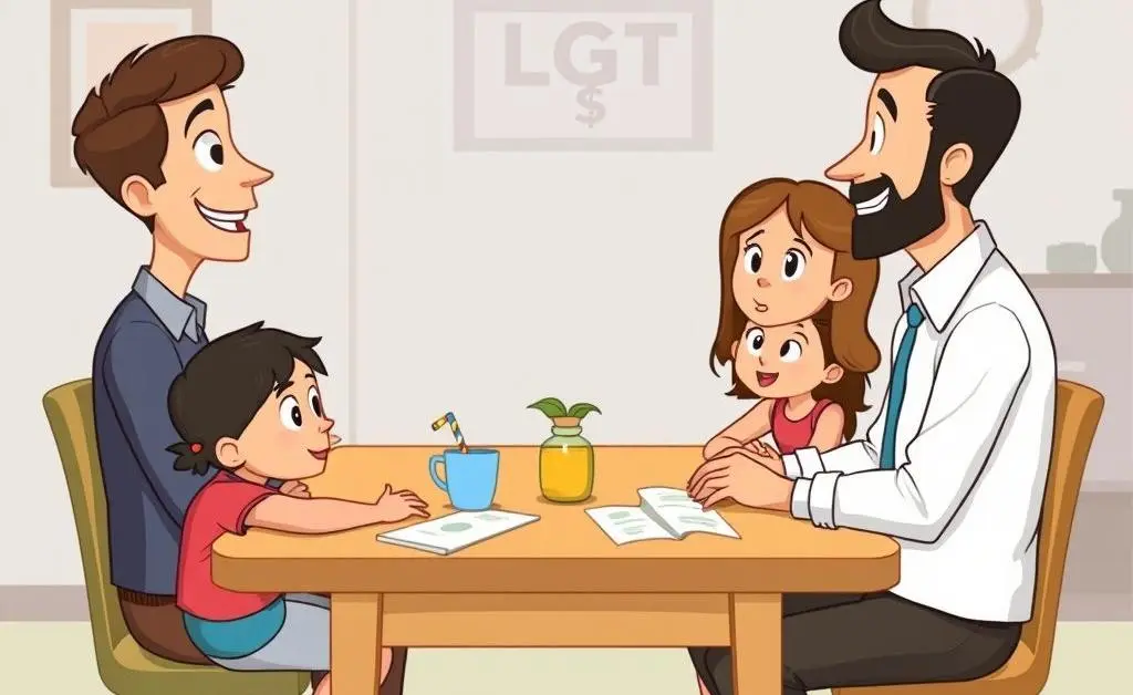 Cartoon-style image of a professional financial advisor talking with a family around a table.
