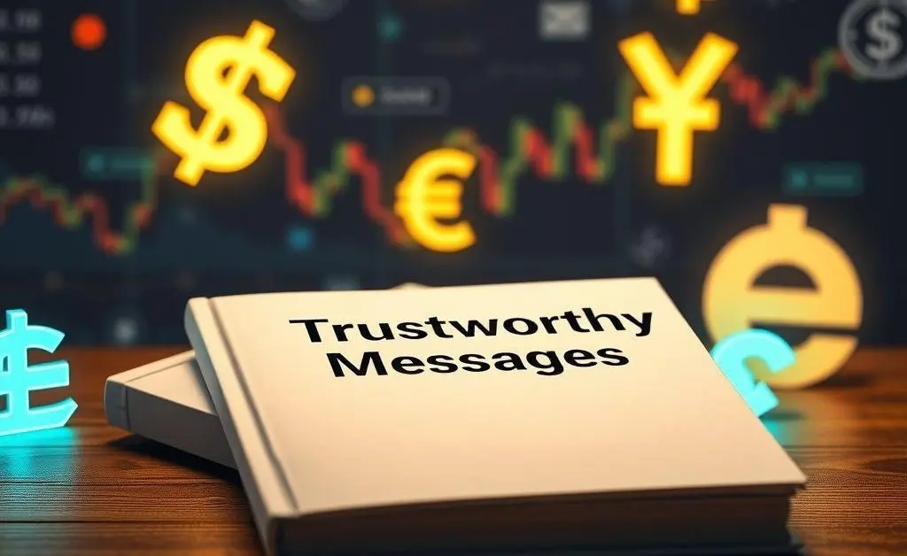 A guidebook labeled 'Trustworthy Messages' on a table with money symbols around.