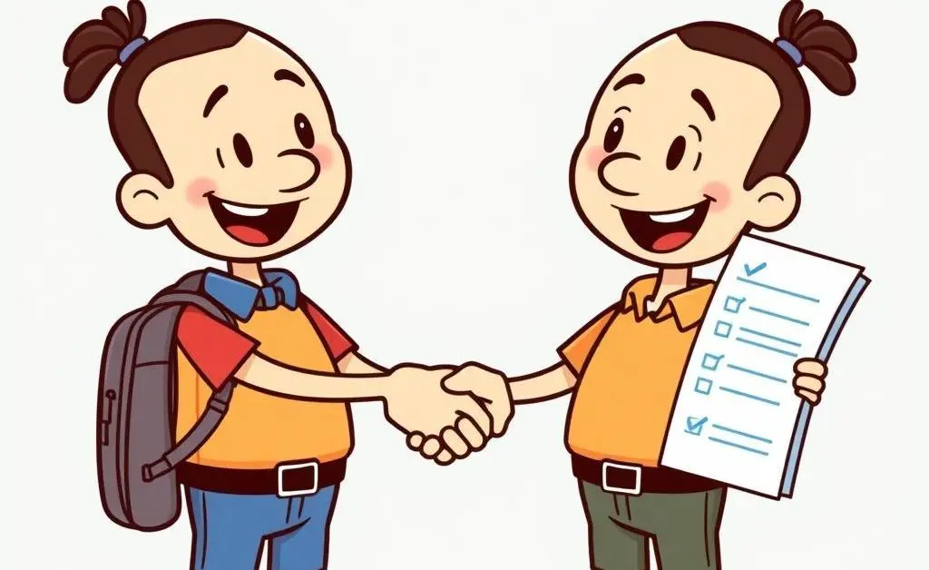 Cartoon characters shaking hands, with one holding a verified symbol and a checklist