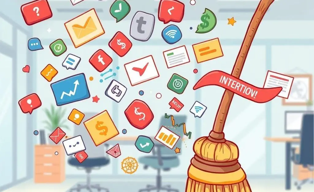 Cartoon illustration of digital notifications being swept away.