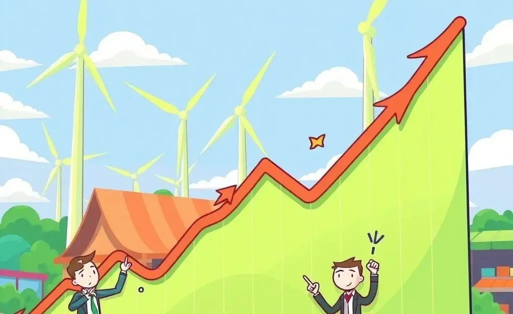 Cartoon-style image showing the impact of wind turbines on a market graph.