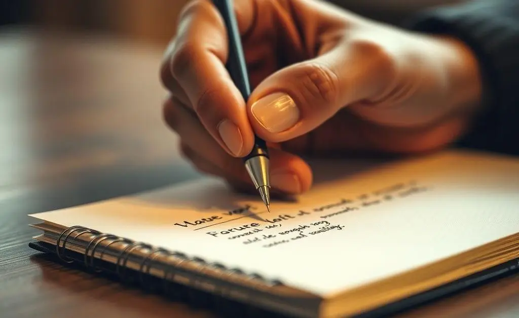A close-up of a hand writing a polite resignation letter on a notebook.