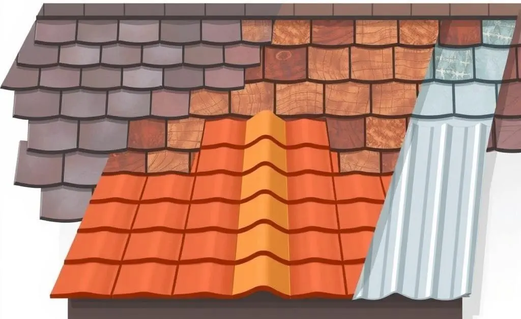 Variety of roofing materials like shingles, tiles, and metal.