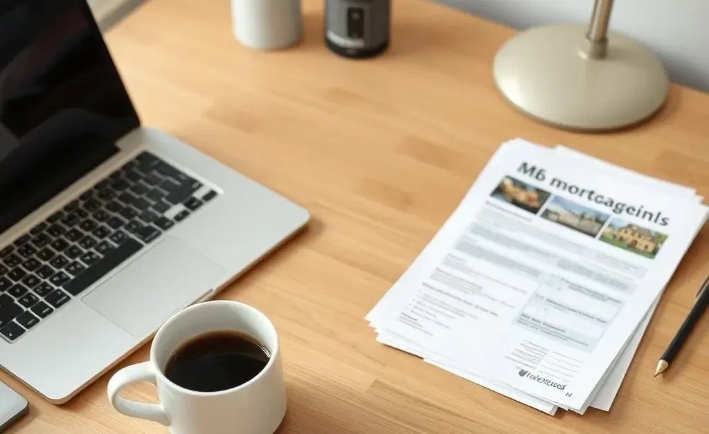 A mortgage broker at their desk with papers and a computer.