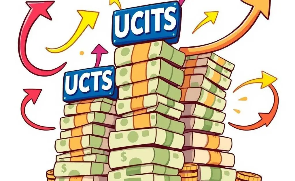 UCITS funds represented as stacks of currency with arrows indicating growth and movement.