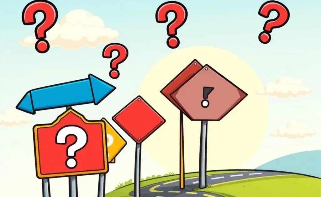 Cartoon road signs with multiple arrows and question marks