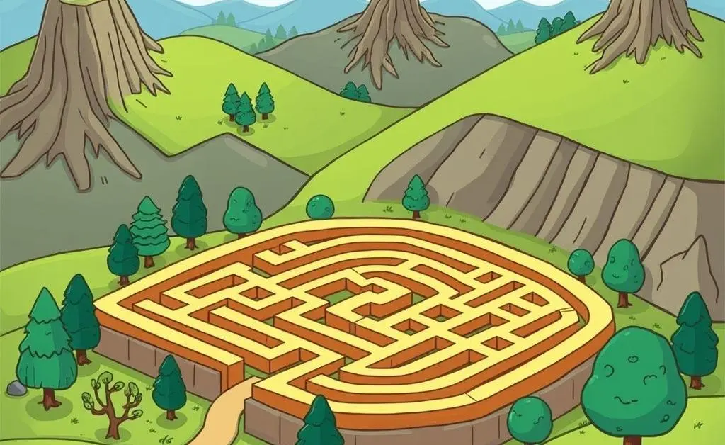 A cartoon landscape featuring a maze representing the complexity of the insurance process.