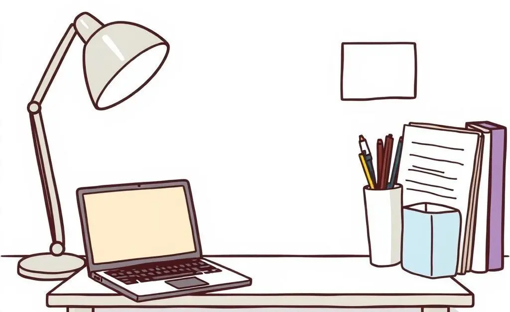 A clean, organized workspace with a laptop and notebook