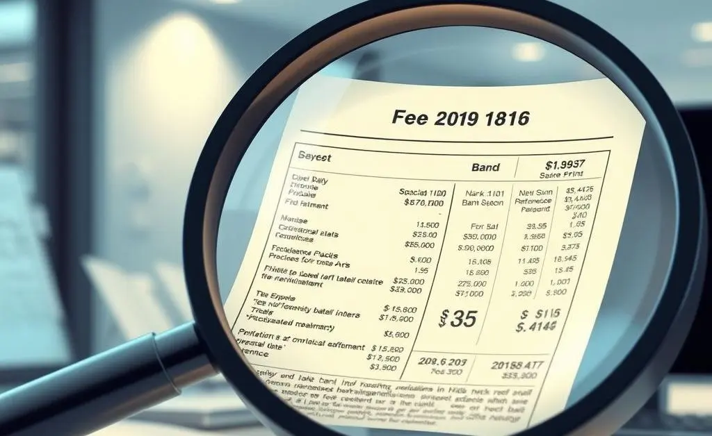 An illustration of a giant magnifying glass focused on a bank fee statement.
