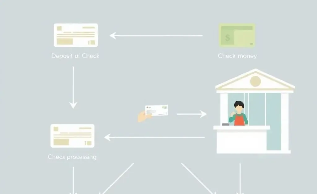 Illustration of a simplified bank process diagram showing money flow from check deposit.